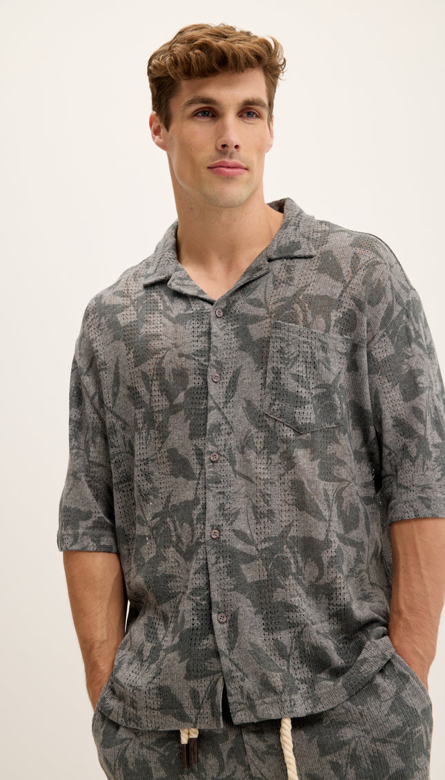 Allover Floral Pattern Weave Cotton Shirt - Anthracite