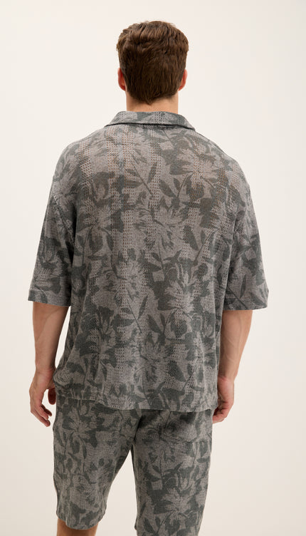 Allover Floral Pattern Weave Cotton Shirt - Anthracite