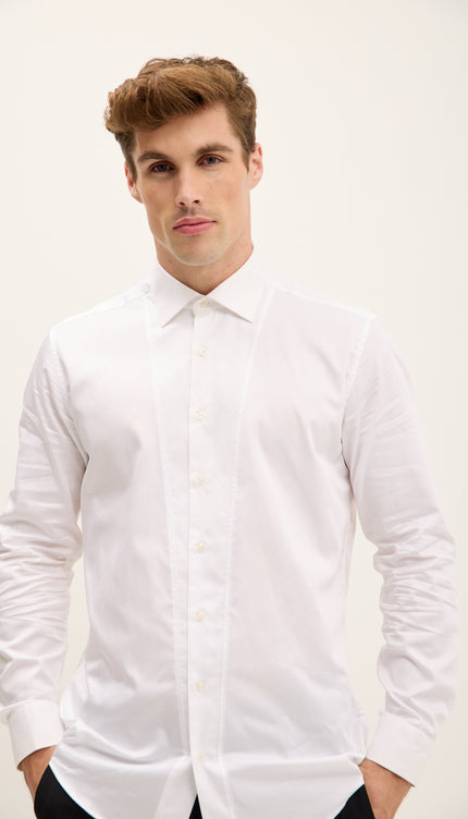 Slim Fit Pique Front Long Sleeve Dress Shirt - White
