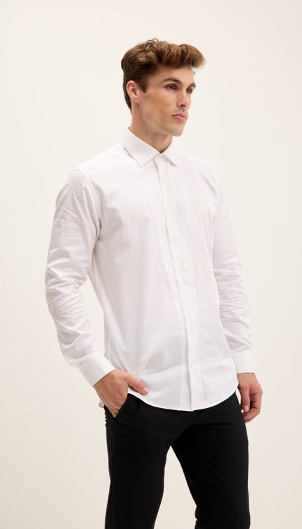Slim Fit Pique Front Long Sleeve Dress Shirt - White