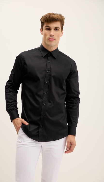 Pure Cotton Classic Collar Sateen Dress Shirt - Black