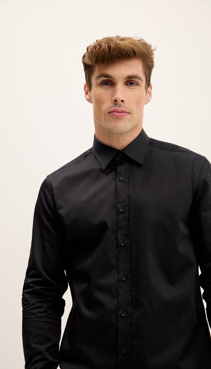 Pure Cotton Classic Collar Sateen Dress Shirt - Black