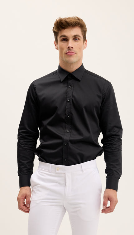 Pure Cotton Classic Collar Sateen Dress Shirt - Black