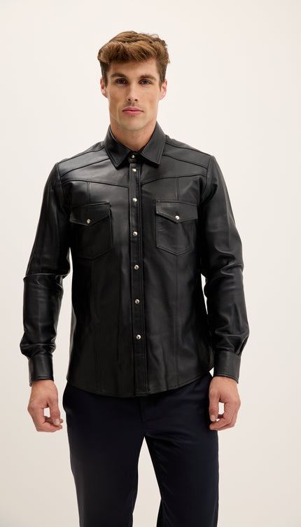 Camisa de cuero genuino con botón a presión - Negro