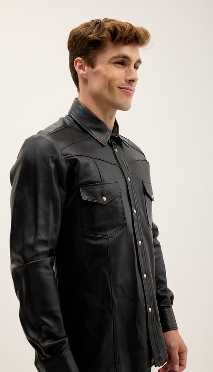 Camisa de cuero genuino con botón a presión - Negro