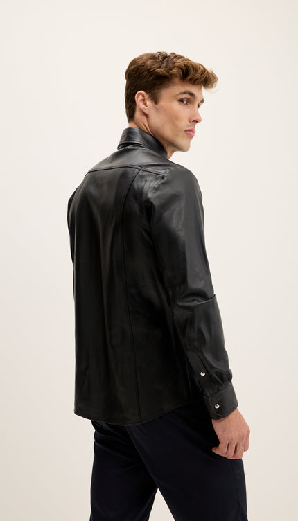 Camisa de cuero genuino con botón a presión - Negro