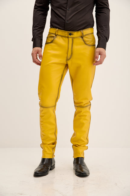 Men's Genuine Lambskin Leather Pants - Yellow Tint - Ron Tomson Los Angeles