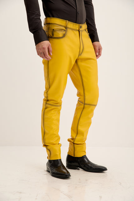 Men's Genuine Lambskin Leather Pants - Yellow Tint - Ron Tomson Los Angeles