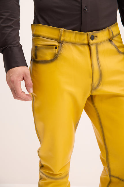 Men's Genuine Lambskin Leather Pants - Yellow Tint - Ron Tomson Los Angeles