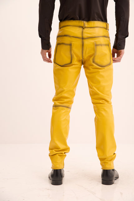 Men's Genuine Lambskin Leather Pants - Yellow Tint - Ron Tomson Los Angeles