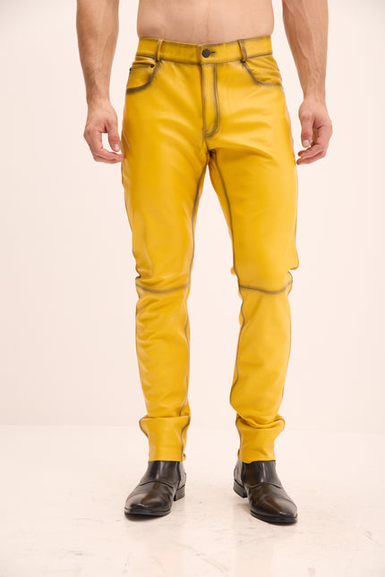 Men's Genuine Lambskin Leather Pants - Yellow Tint - Ron Tomson Los Angeles