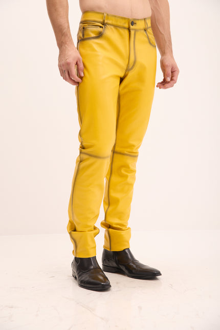 Men's Genuine Lambskin Leather Pants - Yellow Tint - Ron Tomson Los Angeles