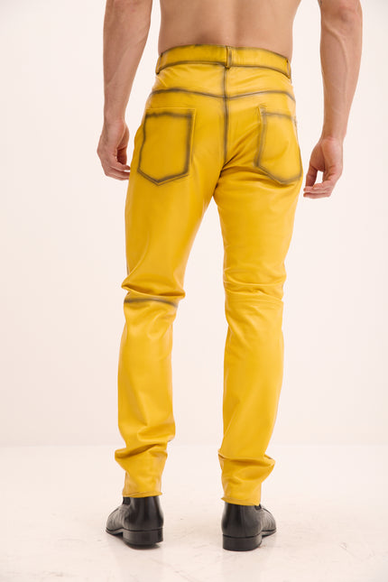 Men's Genuine Lambskin Leather Pants - Yellow Tint - Ron Tomson Los Angeles