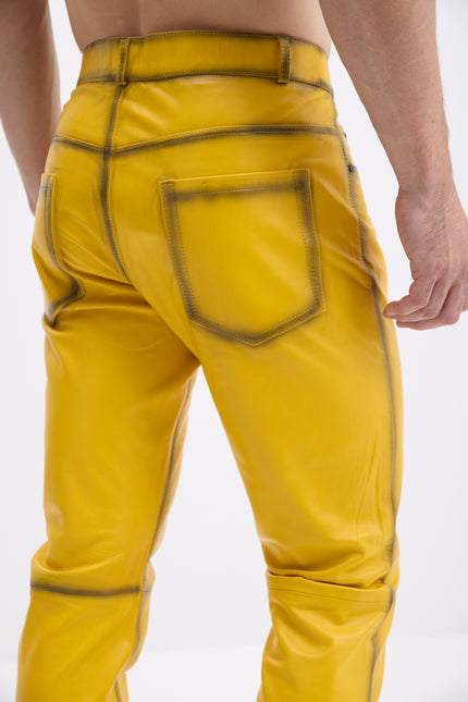Men's Genuine Lambskin Leather Pants - Yellow Tint - Ron Tomson Los Angeles