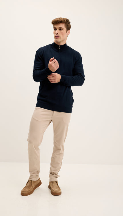 Zipper Closure Mock Neck Sweater - Navy