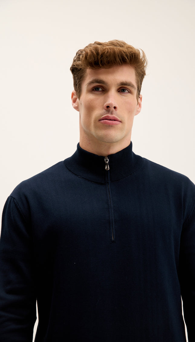 Zipper Closure Mock Neck Sweater - Navy