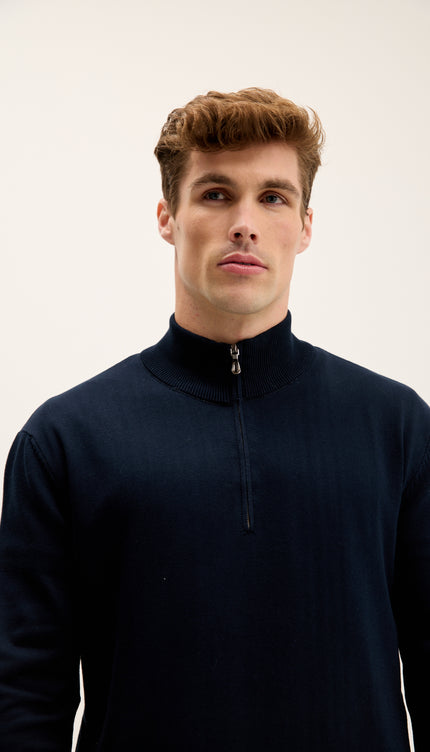 Zipper Closure Mock Neck Sweater - Navy