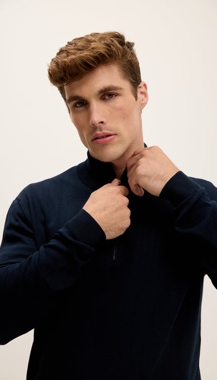 Zipper Closure Mock Neck Sweater - Navy