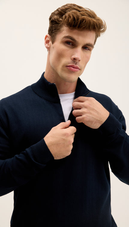 Zipper Closure Mock Neck Sweater - Navy