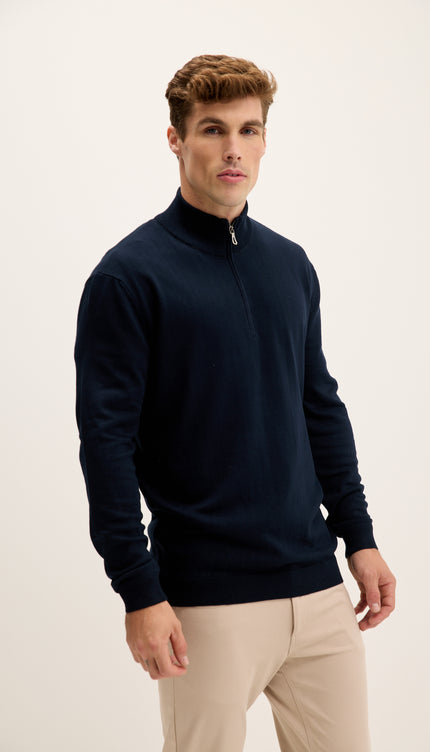Zipper Closure Mock Neck Sweater - Navy