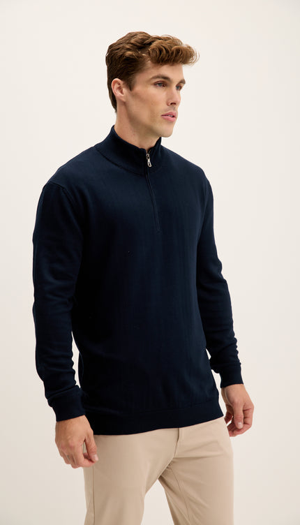 Zipper Closure Mock Neck Sweater - Navy