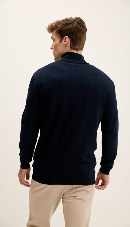 Zipper Closure Mock Neck Sweater - Navy