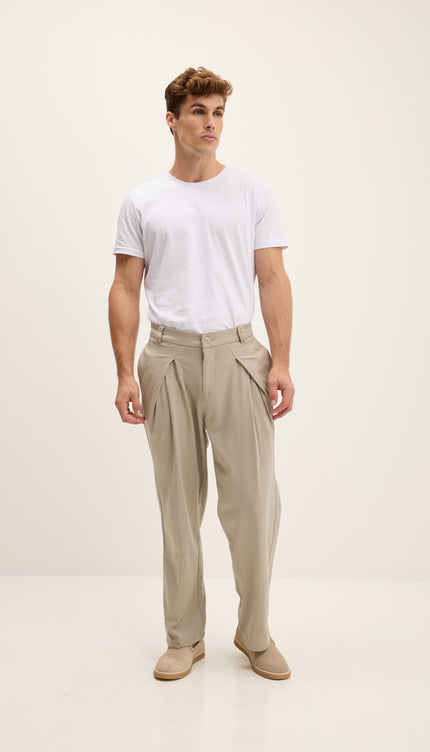 Front Flap Pleating Relaxed Trousers - Stone