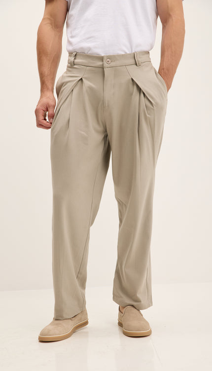 Front Flap Pleating Relaxed Trousers - Stone
