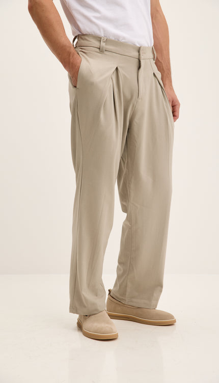 Front Flap Pleating Relaxed Trousers - Stone