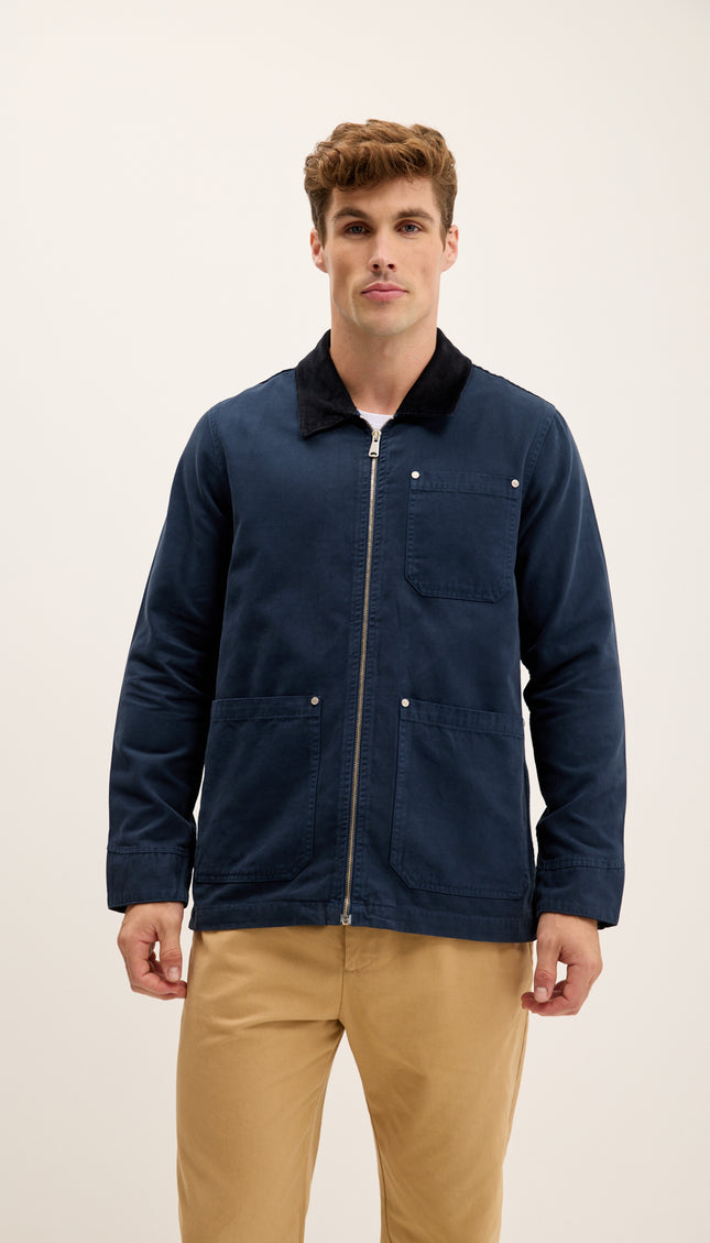 Collared Cotton Canvas Jacket - Navy