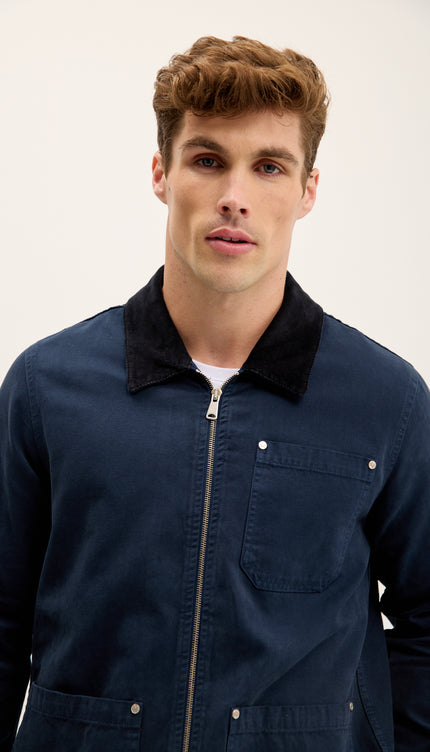Collared Cotton Canvas Jacket - Navy