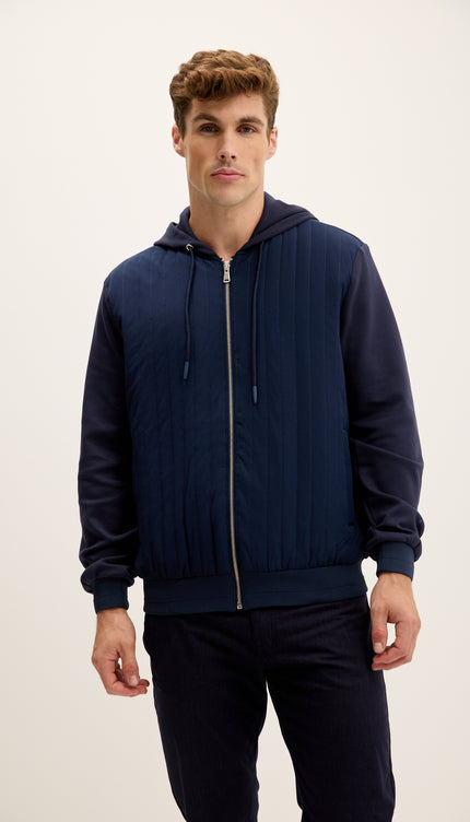 Mixed-Media Zippered Hooded Jacket - Navy