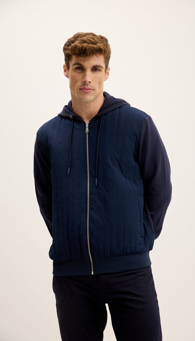 Mixed-Media Zippered Hooded Jacket - Navy