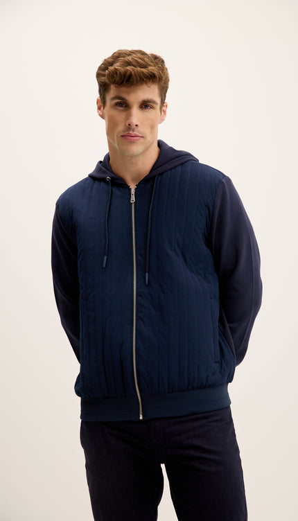 Mixed-Media Zippered Hooded Jacket - Navy