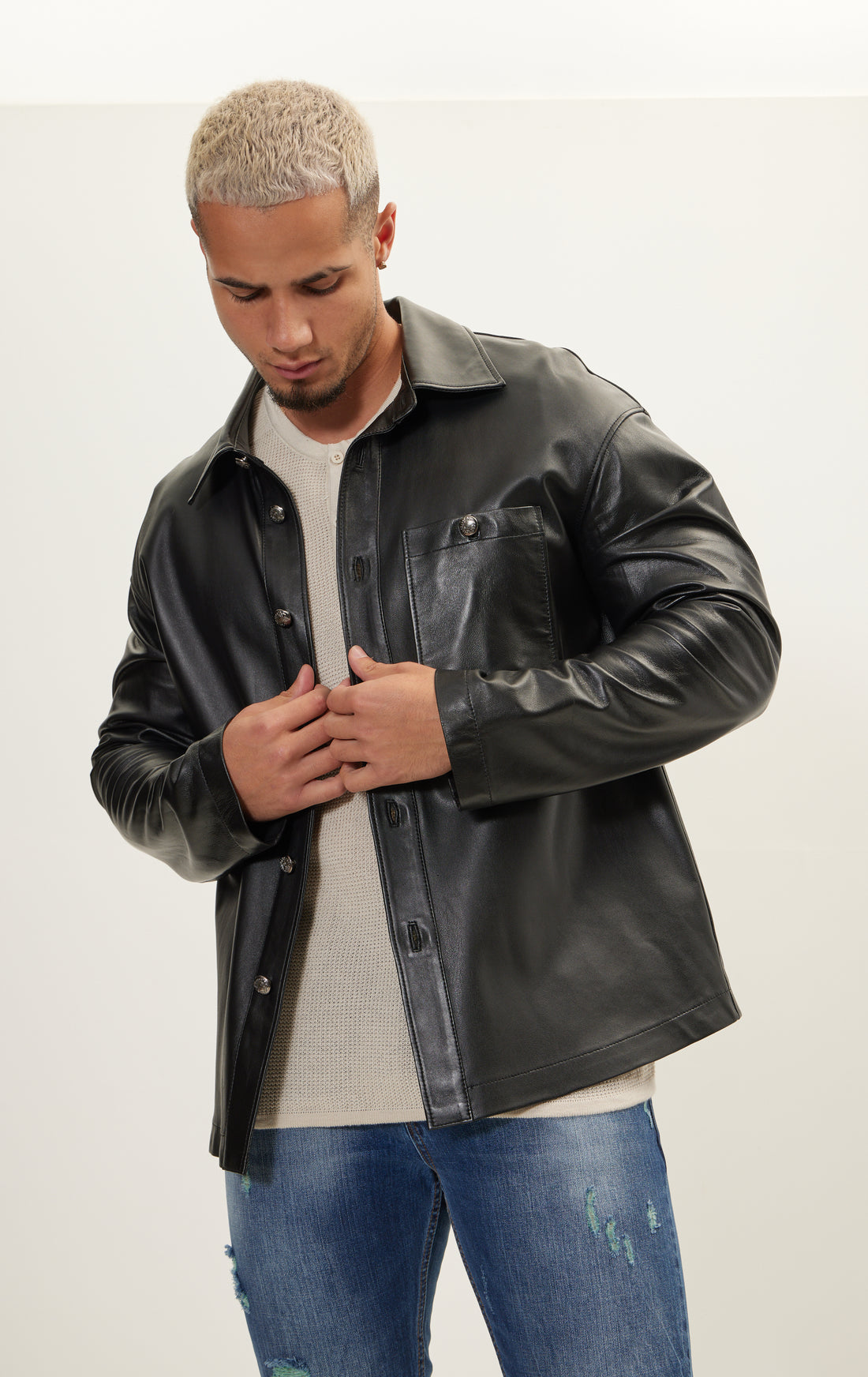 Silver Button Leather  Shirt Jacket - Black