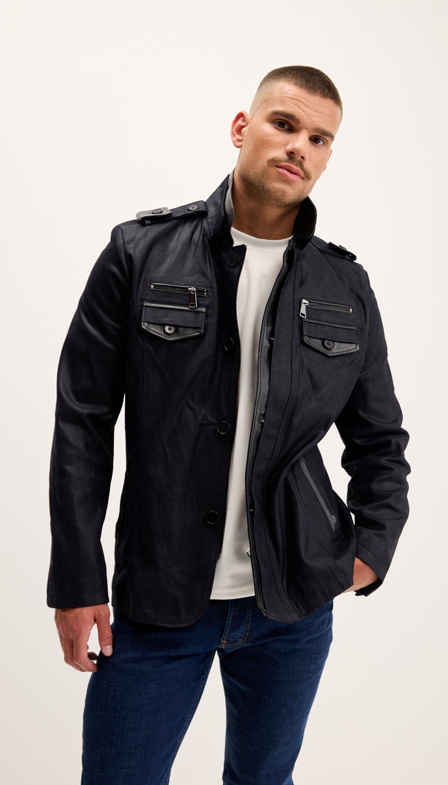 Leather Epaulette Shoulder Stand Collar Jacket - Navy Suede