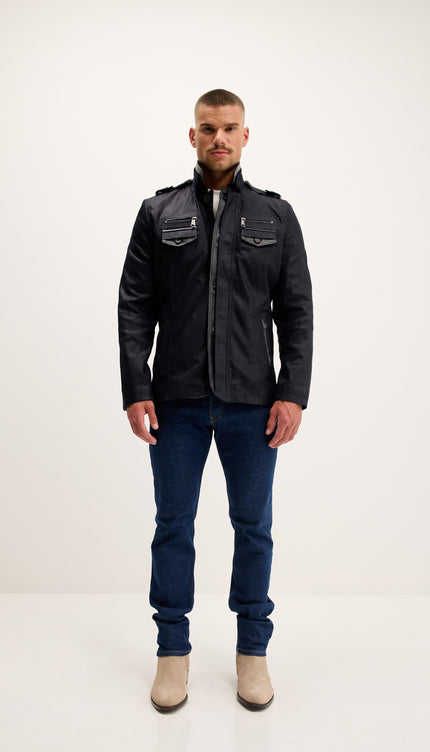 Leather Epaulette Shoulder Stand Collar Jacket - Navy Suede