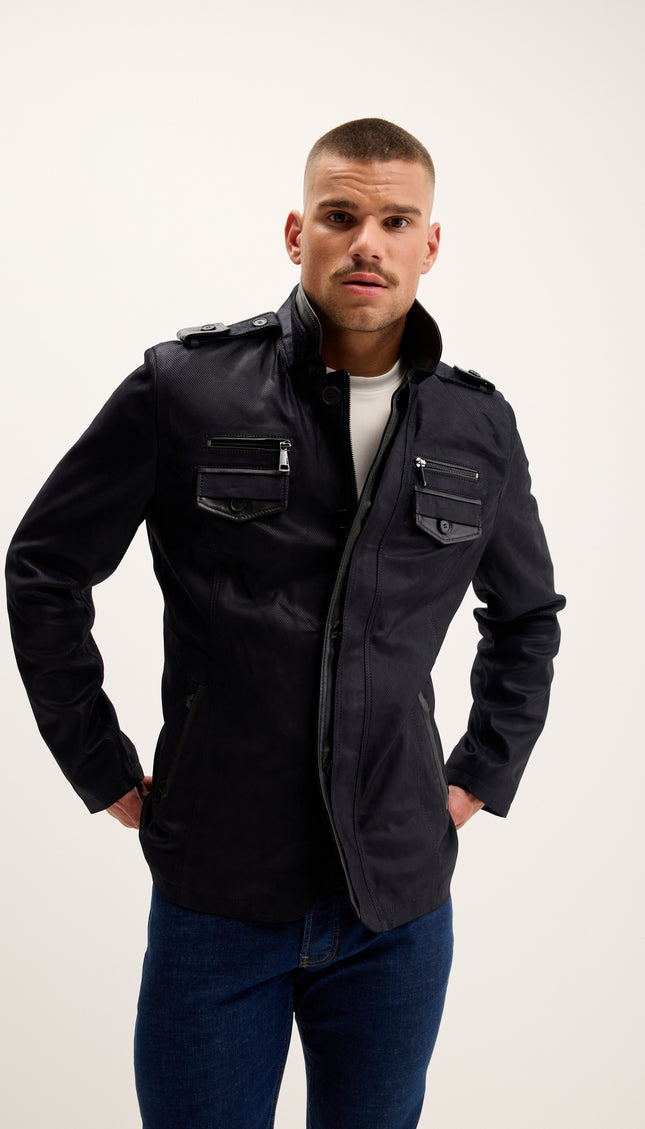 Leather Epaulette Shoulder Stand Collar Jacket - Navy Suede
