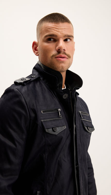 Leather Epaulette Shoulder Stand Collar Jacket - Navy Suede