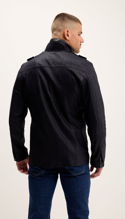 Leather Epaulette Shoulder Stand Collar Jacket - Navy Suede