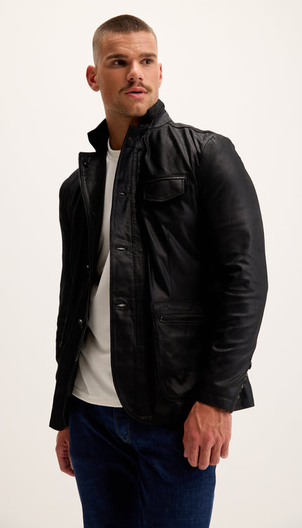 Stand Collar Lambskin Leather Jacket - Black Suede