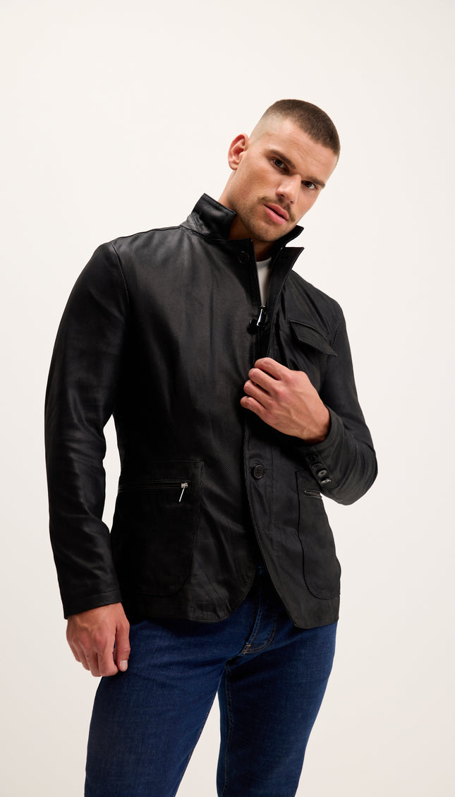 Stand Collar Lambskin Leather Jacket - Black Suede