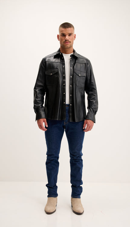 Camisa de cuero genuino con botón a presión - Negro