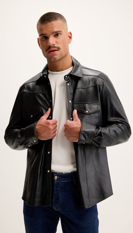 Camisa de cuero genuino con botón a presión - Negro