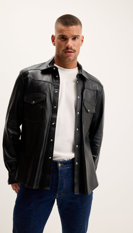 Camisa de cuero genuino con botón a presión - Negro