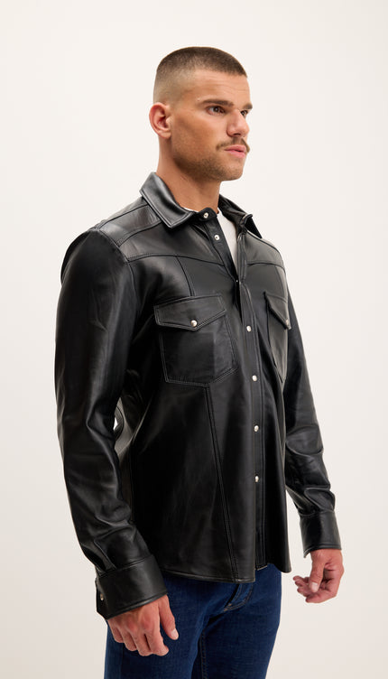 Camisa de cuero genuino con botón a presión - Negro