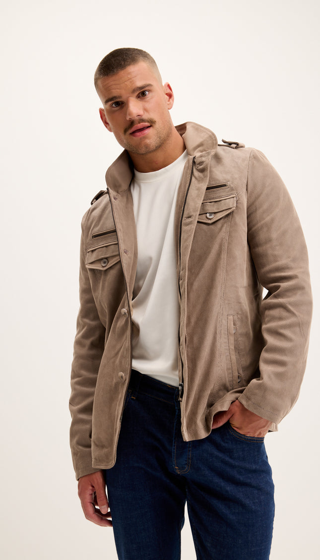 Leather Epaulette Shoulder Stand Collar Jacket - Beige Suede