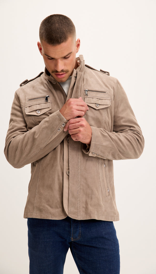 Leather Epaulette Shoulder Stand Collar Jacket - Beige Suede