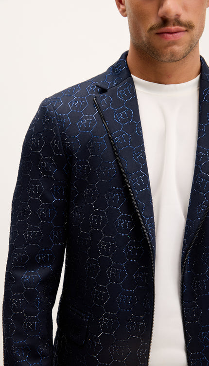 Crystal Monogram Embellished Blazer - Navy
