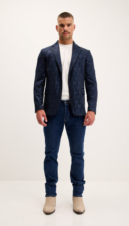 Crystal Monogram Embellished Blazer - Navy